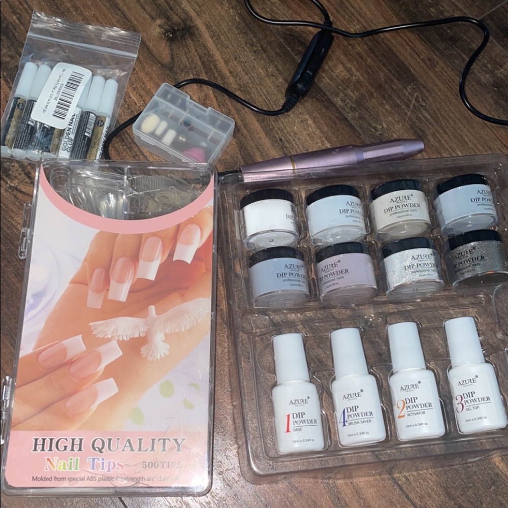 Dip nail kit with tips. With plug in nail file with different bits